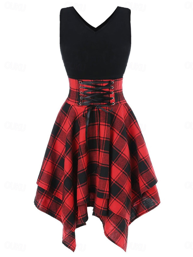  Women's Mini Dress Fit And Flare Dress Stylish Sexy Regular Fit Plaid Sleeveless V Neck White Red Blue Green Summer Spring