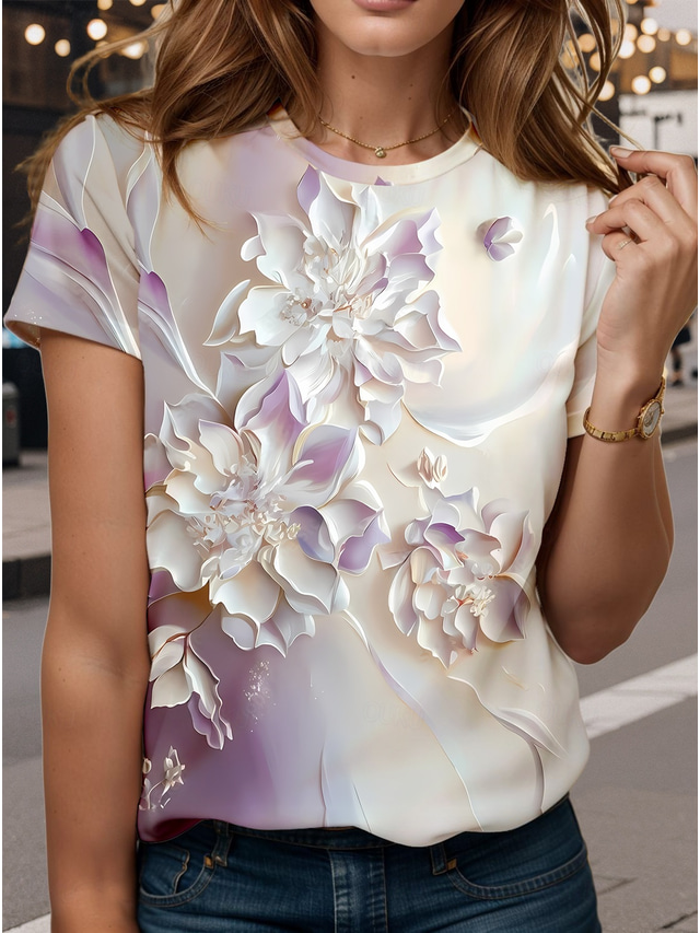  Women's T Shirt Floral Color Block 3D Stylish Casual Short Sleeve Round Neck Regular Tops Daily Weekend Print Purple Summer Spring