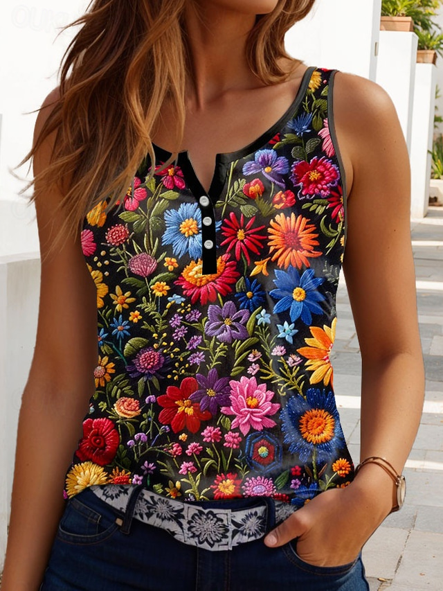  Vrouwen Camisole Tanktop Bloemig Casual Mouwloos Ingekorte Hals Reguliere Tops Dagelijkse Knopen Print Zwart Zomer