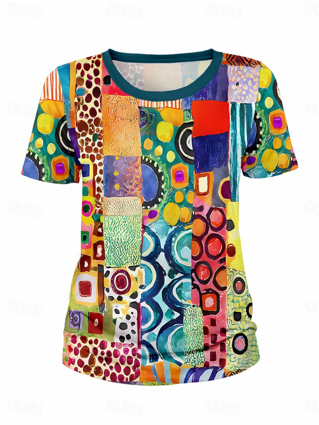  Women's T Shirt Geometric Color Block Geometry Fashion Casual Short Sleeve Round Neck Regular Tops Daily Going out Weekend Print Rainbow Summer Spring