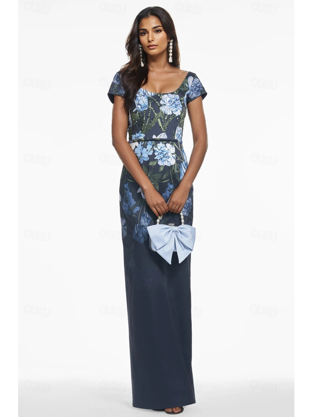  Navy Floral Print Column Evening Gown Elegant Dress Formal Satin Wedding Guest Floor Length Short Sleeve Jewel Neck with Glitter Wedding Guest Dress