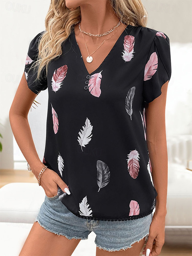  Women's Dressy Tops Graphic Modern Casual Short Sleeve V Neck Regular Tops Daily Buttons Black Summer Spring