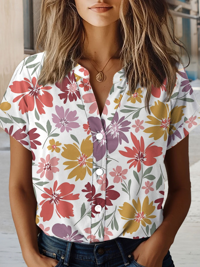  Women's Shirt Floral Stylish Beach Short Sleeve Shirt Collar Regular Tops Daily Buttons Print White Spring Fall