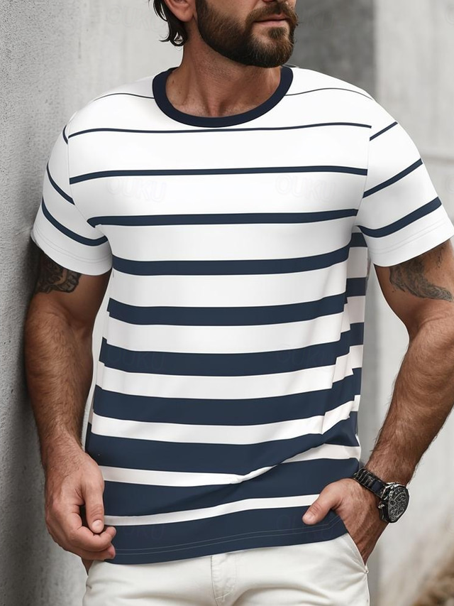  Men's Horizontal Stripes T Shirt Short Sleeve T shirt 3D Print Crew Neck Shirt Fashion Daily Street Daily Blue Summer Spring Clothing Apparel S M L XL XXL XXXL