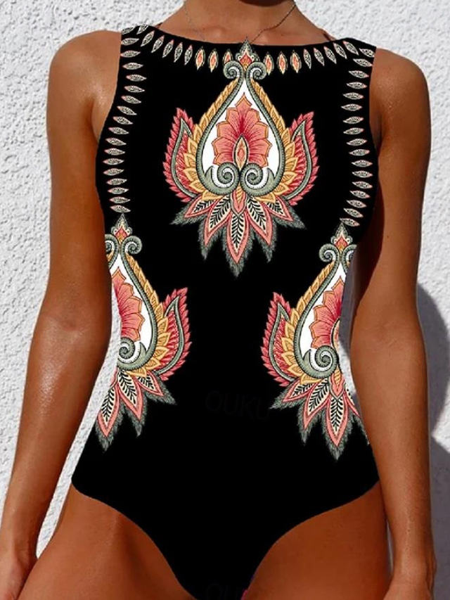  Women's Swimsuits One Piece Monokini Swimsuit Backless Tummy Control High Waist Slim Vacation Beach Wear Geometric Round Neck Sleeveless Bathing Suits