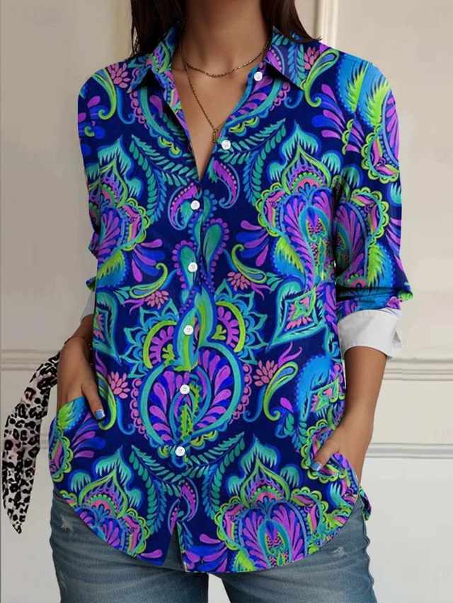  Mulheres Camisa Social Floral Casual Manga Longa Colarinho de Camisa Tops regulares Trabalho Diário Botões Imprimir Azul Real Primavera Outono Inverno
