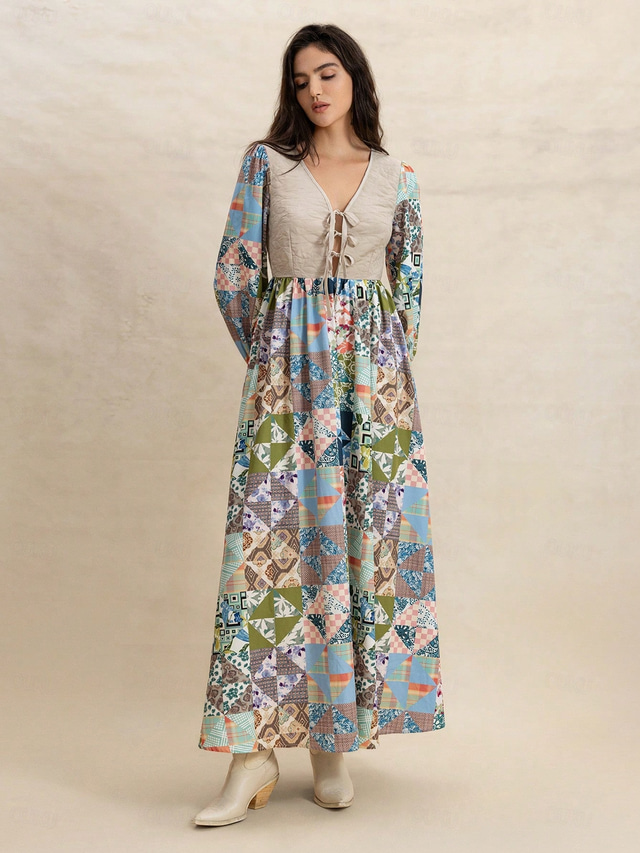 Women's Long Dress Maxi Dress Maxi Dress Boho Dress Boho Lantern Sleeve Regular Fit Geometric Long Sleeve V Neck Apricot Summer Spring Fall Winter