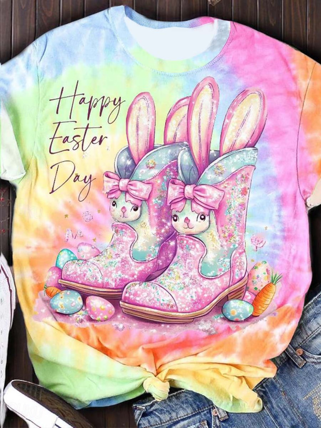 Pasqua Per donna maglietta Floreale Animali Colorato a macchie Informale Manica corta Rotonda Top regolari Giornaliero Stampa Arcobaleno Estate