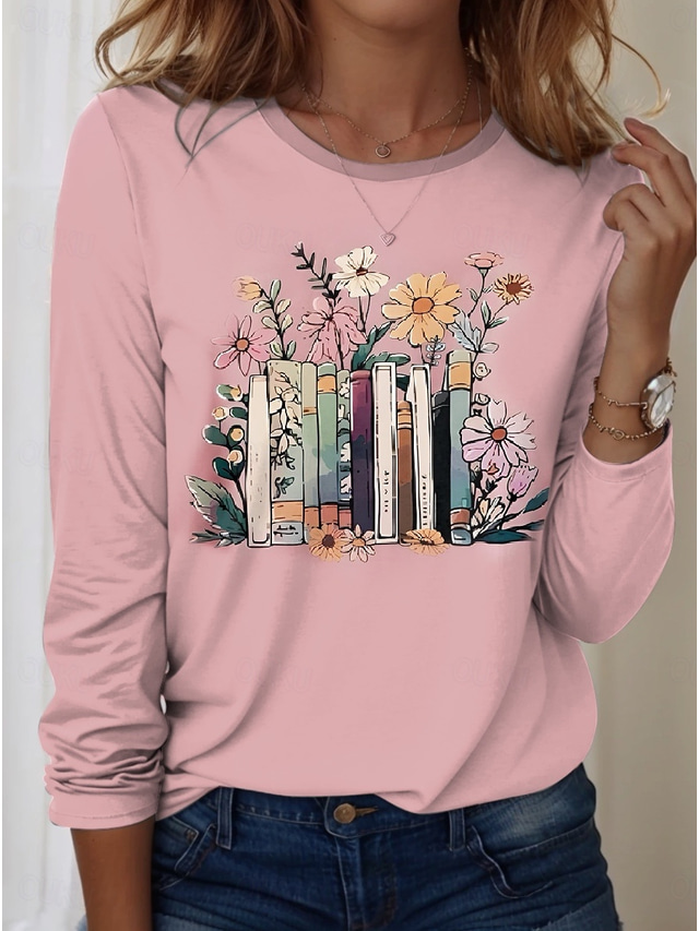  Women's T Shirt Rose Floral Graphic Casual Long Sleeve Crew Neck Regular Tops Daily Print Pink Spring Fall