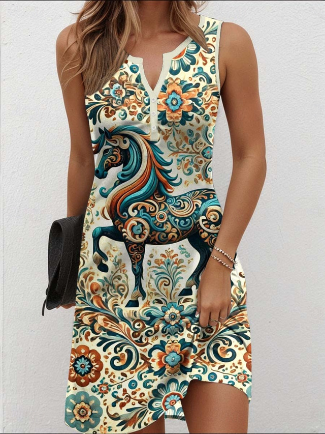  Pentru femei Rochie Mini Rochie A line Rochie de vară Rochie cu umeri Casual Vacanță Zilnic Fit regulat Grafic Cai Epocă Fără manșon Gât crestat Kaki Vară