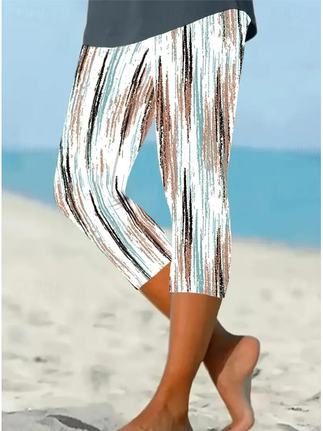  Kvinnors leggings capri byxor hög elasticitet semester mode hawaian ankellängd medelhög midja rutigt tryckand termisk varm andningsbar mjuk semester avslappnad daglig mjölkvit sommar vår regular fit