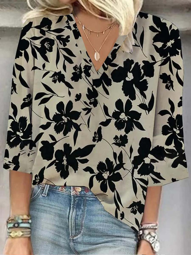  Women's Shirt Floral Stylish Beach Short Sleeve V Neck Regular Tops Daily Print Gray Spring Fall