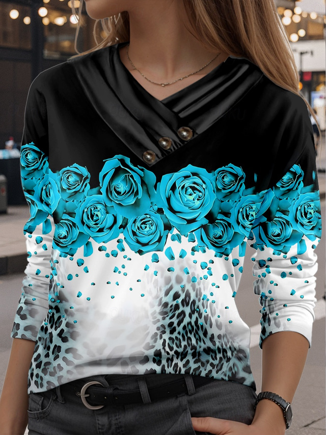  Women's T Shirt Floral Stylish Casual Long Sleeve V Neck Regular Tops Daily Buttons Print Blue Fall Winter