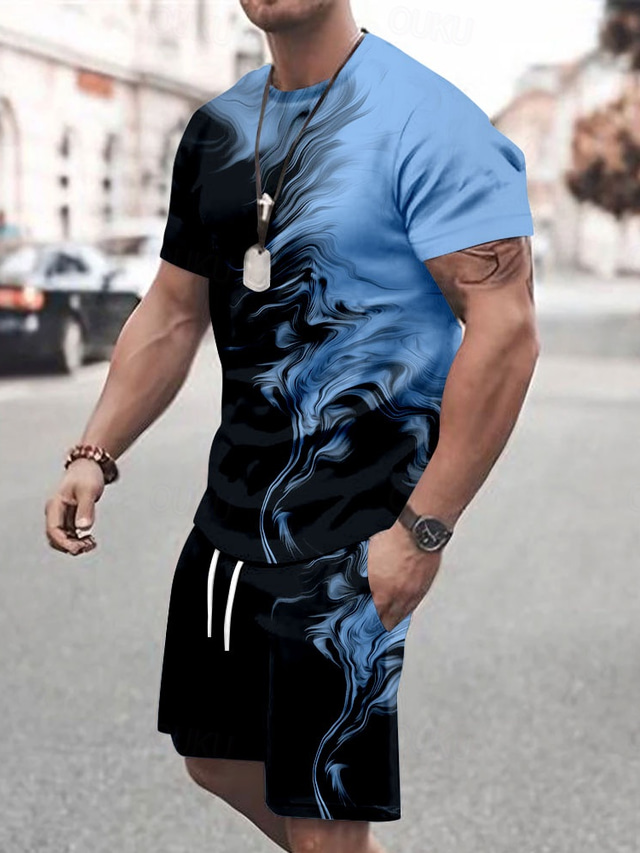  Men's splatter 2pcs Tees sets Summer Tops Short Sleeve Short Pants Crew Neck Sport Casual Outdoor Vacation Sport 3D Print Summer Robin's Egg Blue White Green