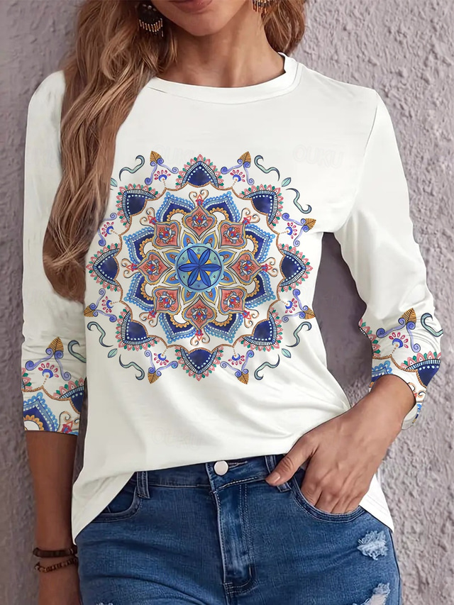  Women's T Shirt Letter Casual Long Sleeve Round Neck Regular Tops Daily Weekend Print White Fall Winter
