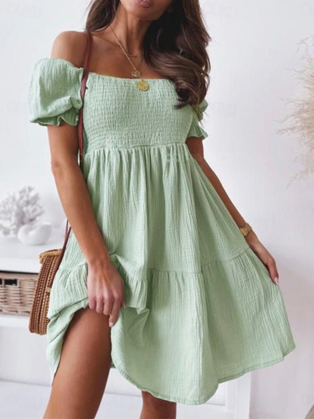  Women's Mini Dress Boho Chic Dresses A Line Dress Vacation Stylish Sexy Loose Fit Solid Color Sleeveless Off Shoulder Black Light Green Apricot Summer Spring