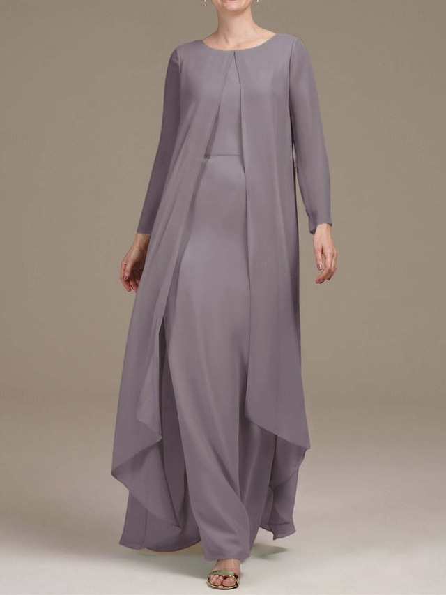  Two Piece Mother of the Bride Dress Elegant Vintage Simple Crew Neck Floor Length Chiffon Long Sleeve Jacket Dresses with Solid Color