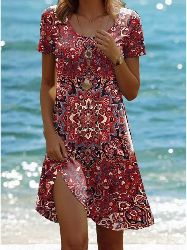  Women's Mini Dress Vintage Dress Casual Dress Boho Chic Dresses Bohemia Vacation Vintage Vacation Daily Regular Fit Geometric Paisley Boho Paisley Damask Short Sleeve Crew Neck Pink Red Blue Green