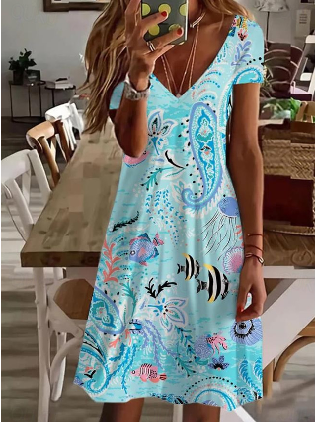  Dámské mini šaty casual šaty elegantní tropické havajské denní pravidelný střih květinové krátký rukáv kulatý výstřih modrá léto