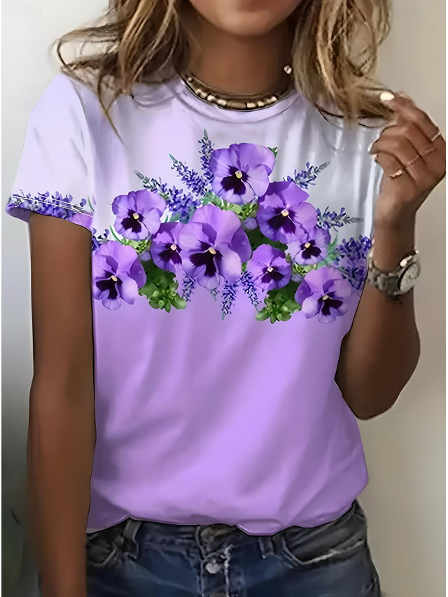 Women's T Shirt Floral Graphic Vintage Fashion Stylish Short Sleeve Round Neck Regular Tops Daily Going out Weekend Print Violet Summer