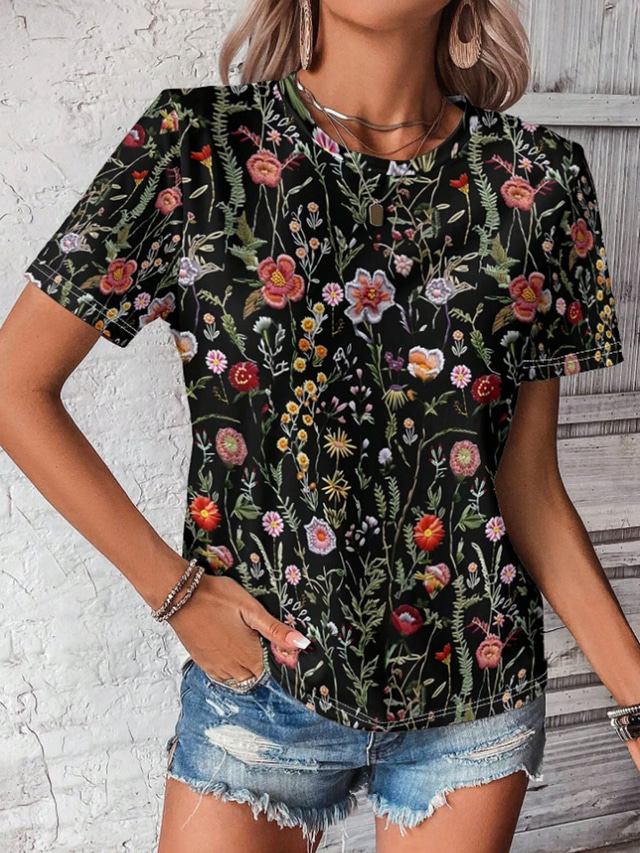  Women's T Shirt Floral Casual Short Sleeve Round Neck Regular Tops Daily Print Black Summer