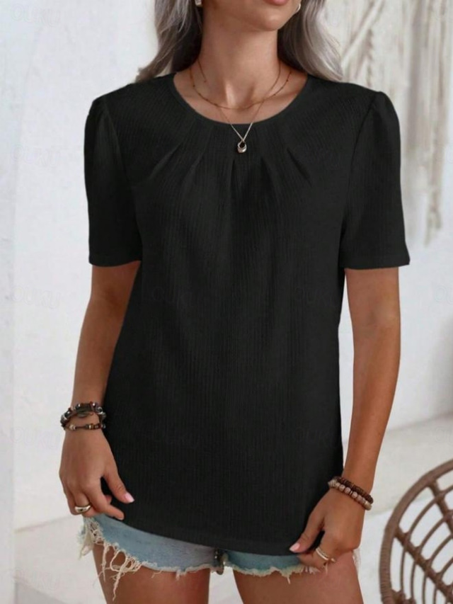  Women's Shirt Blouse Solid Color Stylish Casual Short Sleeve Crew Neck Regular Tops Daily Black White Khaki Summer Spring