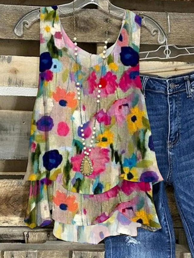  Women's Camisole Tank Top Floral Casual Sleeveless V Neck Regular Tops Daily Buttons Print Pink Summer