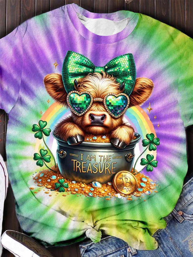  Dam T-shirt Grafisk Djur Ko Ledigt Kortärmad Rund hals Vanliga toppar Dagligen Mönster Regnbåge Sommar
