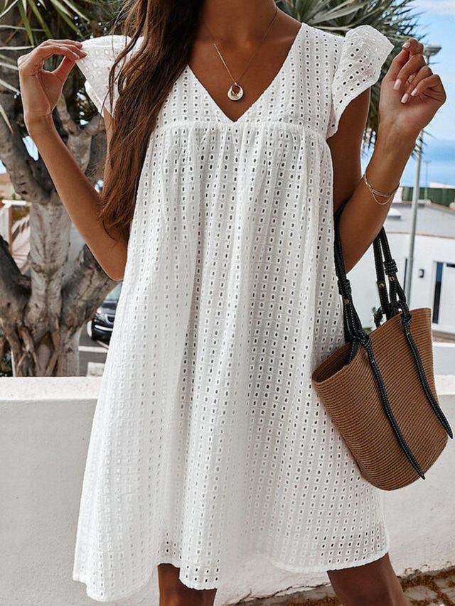  Women's Mini Dress Cut Out Dress Shift Dress Ruffle Dress Puff Sleeve Dress Basic Casual Vacation Daily Regular Fit Plain Sleeveless V Neck White Summer