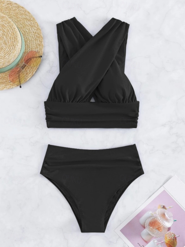  Damen Badeanzug Bikinis 2 Stück Unterhosen Bademode Rückenfrei Schlank Hoch tailliert Urlaub Strandbekleidung Feste Farbe Halfterhals Ärmellos Badeanzüge