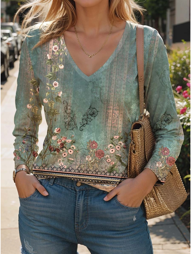  Women's T Shirt Floral Fashion Modern Casual Long Sleeve Crew Neck Regular Tops Daily Weekend Print Sage Green Fall Winter