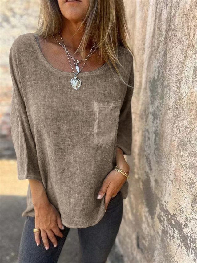  Dames T-shirt Katoenen linnen overhemden Effen Modieus Modern Casual 3/4 mouw Strakke ronde hals Normale tops Dagelijks Weekend Zak Groen Khaki Beige Lente Herfst