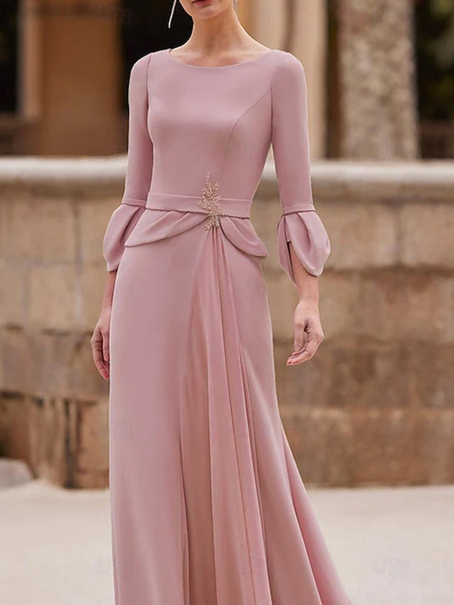  Vestido Mãe da Noiva Sereia  Trompete Vestido Elegante Gola Redonda Comprimento de Chão Chiffon Crepe Manga de 3/4 com Broche de Cristal