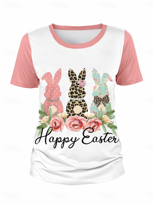  Paște Pentru femei Tricou Floral Animal Stilat Casual Manșon scurt În V Topuri obișnuite Zilnic Imprimeu Roz Îmbujorat Vară Primăvară