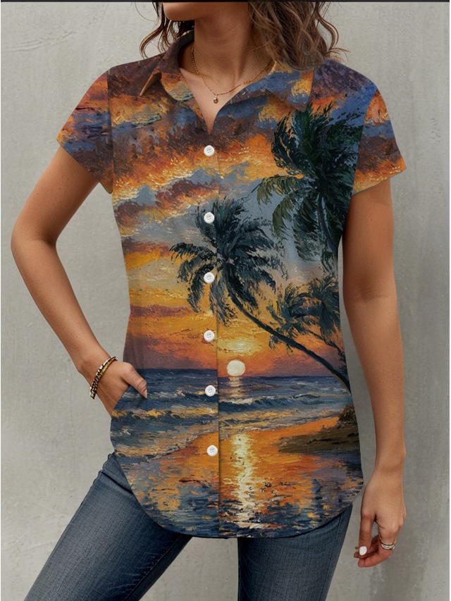  Women's Shirt Leaf Tree Hawaiian Tropical Hawaiian Short Sleeve Shirt Collar Regular Tops Buttons Print Sage Green Summer