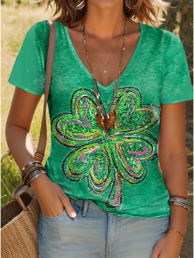  St. Patrick Women's T Shirt Floral Shamrock Stylish Casual Short Sleeve V Neck Regular Tops Daily Print Green Summer
