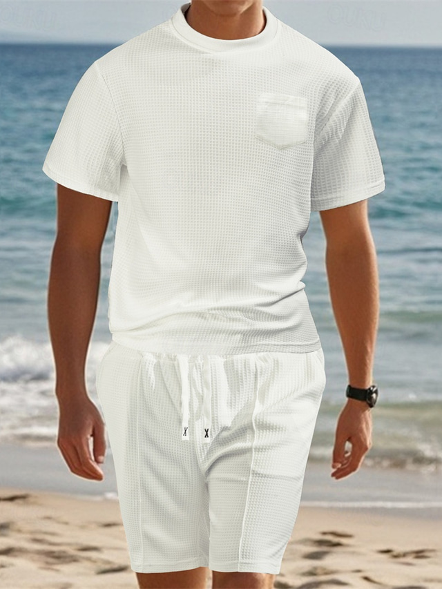  Herr Våffelstruktur Träningsuppsättning Träningsoverall T-shirt och shorts Uppsättning Rund hals Utomhus Dagligen Sport Ficka Snörning 2 st Slät Vinrött Svart Vit Polyester Sportkläder Klassisk Ledigt