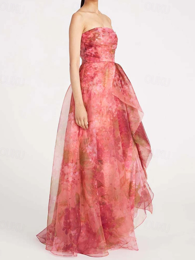 A-Line Evening Gown Celebrity Style Dress Formal Wedding Guest Floor Length Sleeveless One Shoulder Organza with Ruched Ruffles Slit Wedding Guest Dress