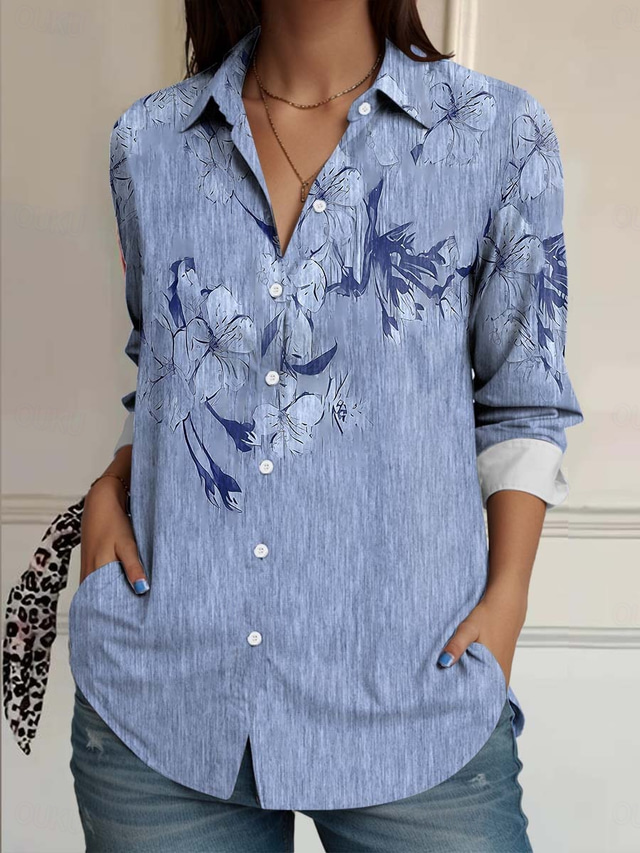  Women's Shirt Floral Elegant Vintage Daily Long Sleeve Shirt Collar Regular Tops Work Daily Linen Like Buttons Print Blue Summer Spring