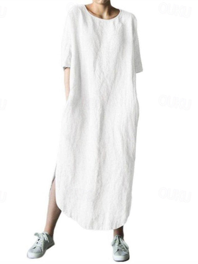  Women's Midi Dress Linen-Inspired Dresses Casual Dress Cotton Linen Dress Stylish Casual Vacation Daily Date Regular Fit Plain Half Sleeve Crew Neck White Blue Gray Summer Spring