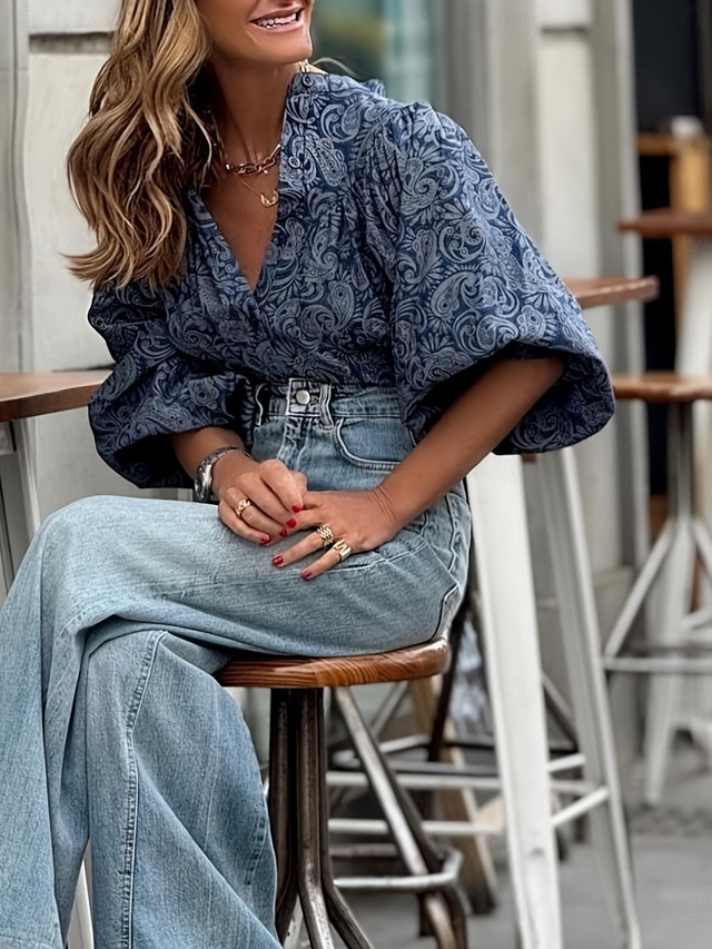  Women's Shirt Floral Fashion Modern Casual Long Sleeve V Neck Regular Tops Daily Weekend Print Blue Summer