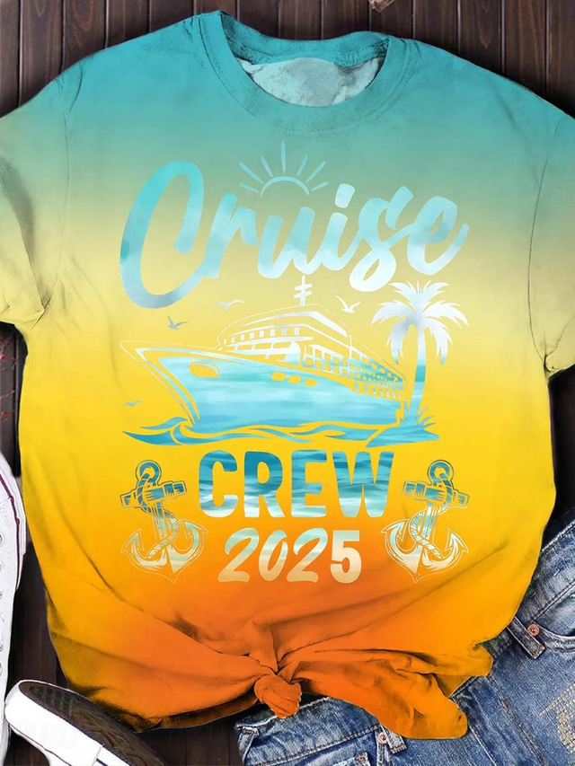  Women's T Shirt Ombre Graphic Casual Short Sleeve Round Neck Regular Tops Daily Print Orange Summer