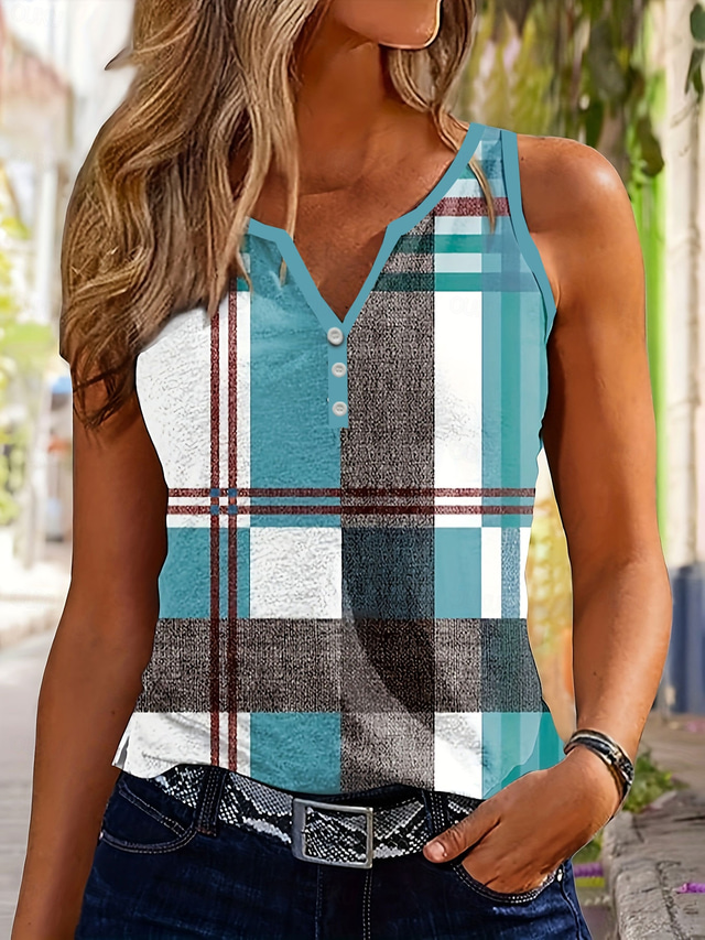  Camisola Feminina Regata Xadrez Diária Sem Mangas Decote Recortado Tops Regulares Diária Botões Estampado Azul Verão