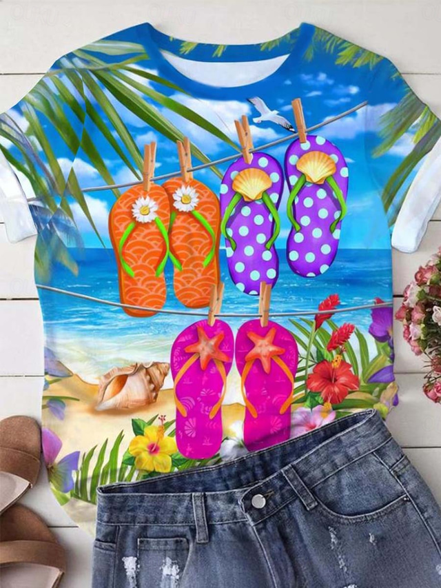 Women's T Shirt Ombre Leaf Tropical Hawaiian Short Sleeve Crew Neck Regular Tops Daily Holiday Beach Wear Print Blue Summer
