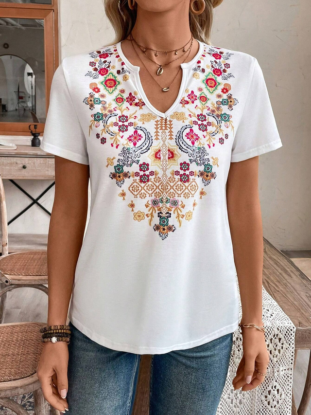  Women's T Shirt Floral Casual Short Sleeve V Neck Regular Tops Daily Print White Summer