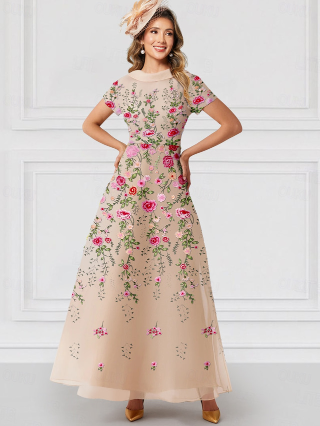  Red Floral Embroidered Formal A-Line Mother of the Bride Dress Wedding Elegant Vintage Jewel Neck Floor Length Tulle Short Sleeve with Flower Derby Dress Race Day Dress 2025