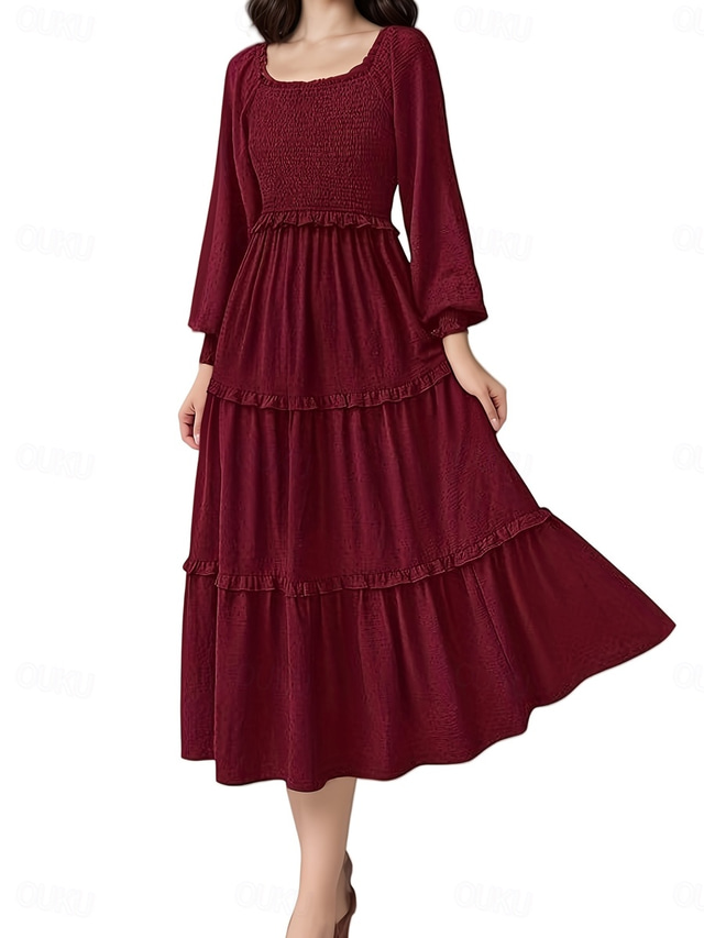  Per donna Vestito longuette Abito da ospite di nozze Boho Elegante Boemia Moda Morbido Manica lunga Squadrata Nero Rosa Vino Blu marino Primavera Autunno Inverno