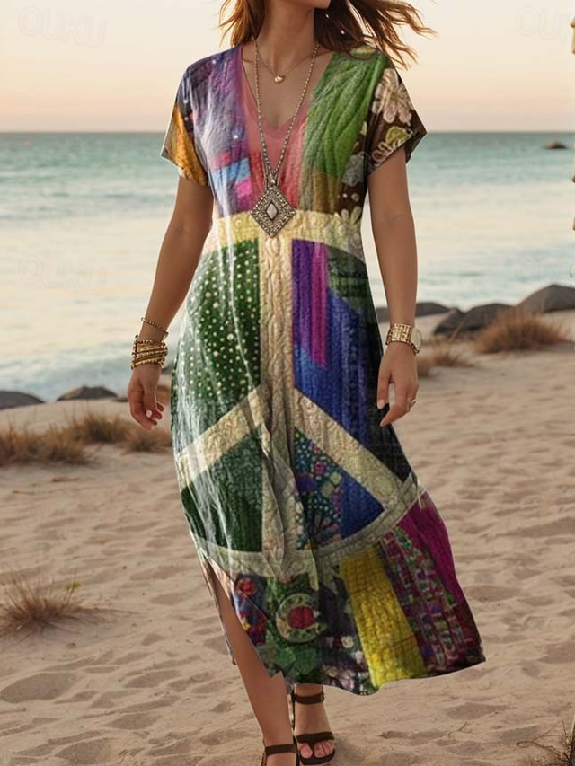  Women's Maxi Dress Casual Dress A Line Dress Bohemia Vacation Vintage Vacation Daily Regular Fit Floral Short Sleeve V Neck Green Spring Fall