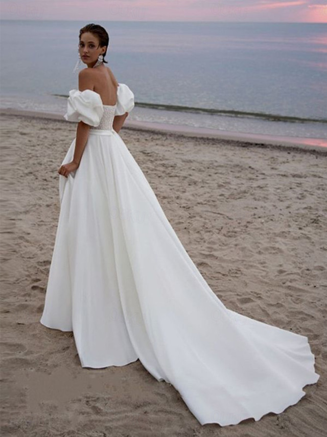  Wedding Dresses Ball Gown Off Shoulder Regular Straps Chapel Train Satin Bridal Gowns With Pleats Ruched