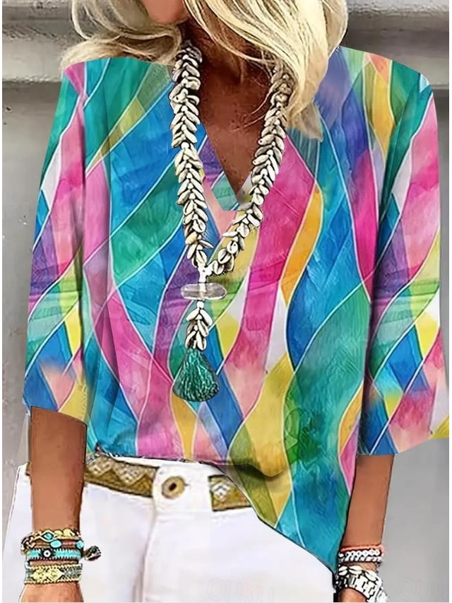  Frauen Shirt Floral Tropical Süß Täglich 3/4-Länge Ärmel V-Ausschnitt Reguläre Oberteile Täglich Print Regenbogen Sommer Frühling